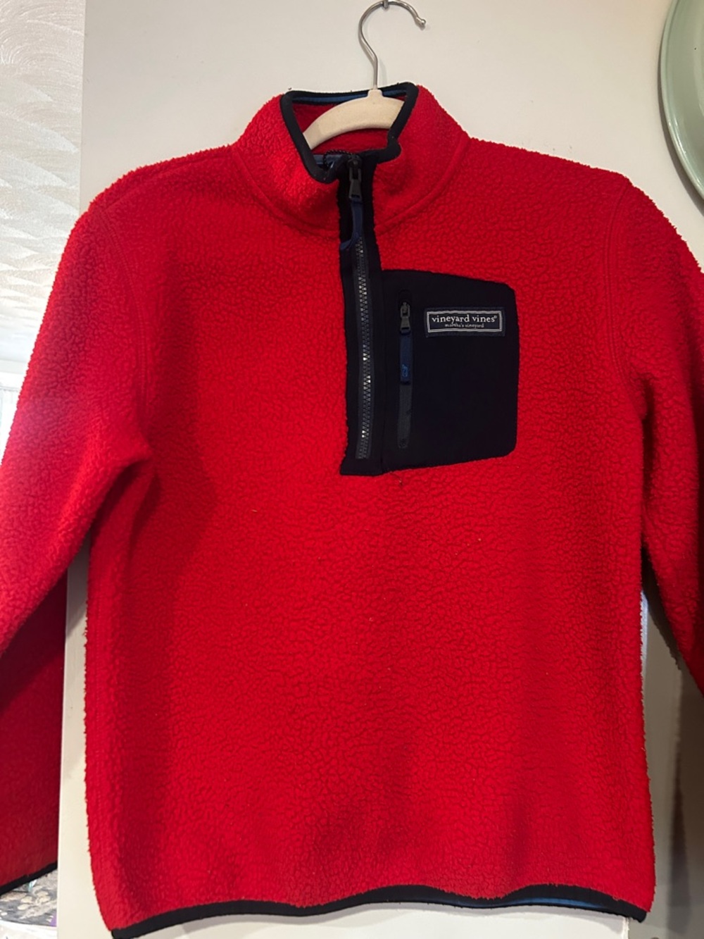 Vineyard Vines Red Sherpa Zip Pullover with Black Chest Pocket